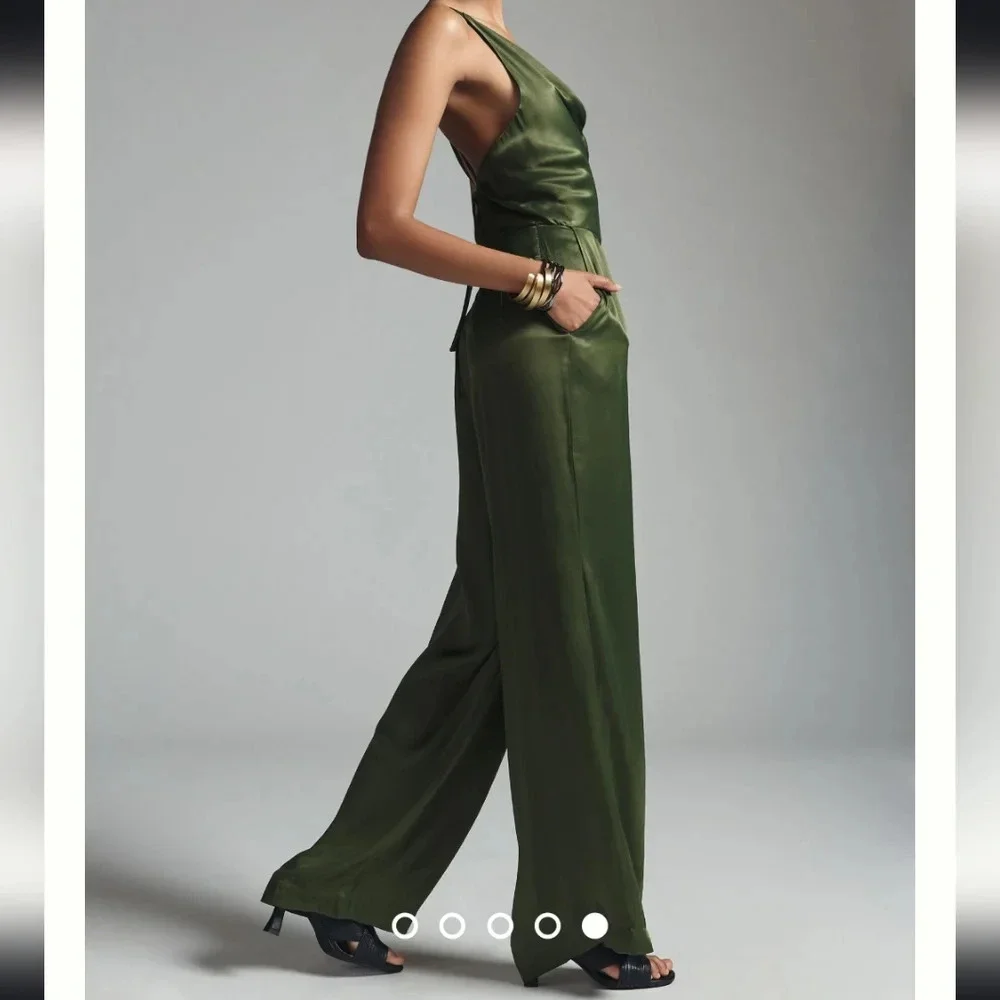 Anthropologie Olive Green Satin Jumpsuit - Picture 3 of 9